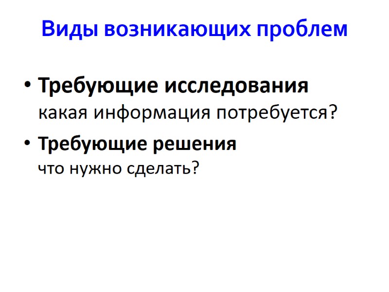 Виды возникающих проблем Требующие исследования  какая информация потребуется? Требующие решения  что нужно